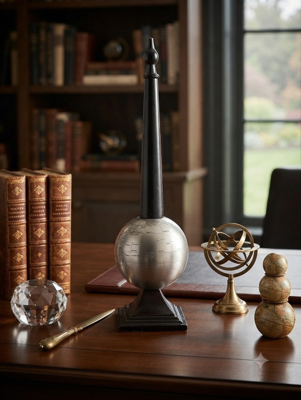 Vintage Metal Globe weathervane paperweight Black metal Spire and Pedestal Base